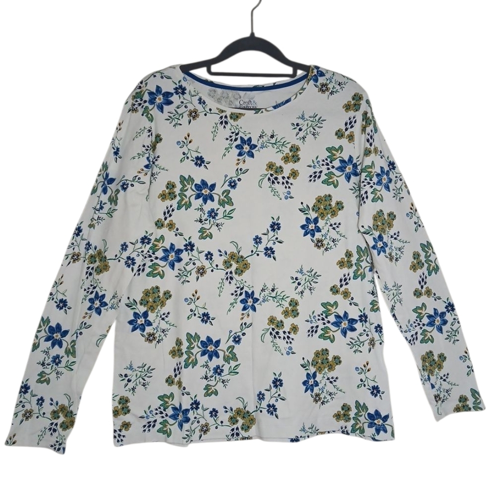 Croft & Barrow Floral Long‎ Sleeve Tee - Blue and Green on White Size L